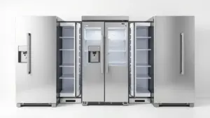 Fotografia profissional de uma geladeira moderna em aço inox, representando a melhor geladeira Electrolux para comprar.