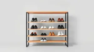 Fotografia profissional de uma sapateira moderna e elegante de madeira, representando os melhores modelos para organizar sapatos com estilo.