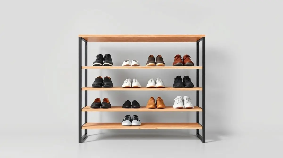 Fotografia profissional de uma sapateira moderna e elegante de madeira, representando os melhores modelos para organizar sapatos com estilo.