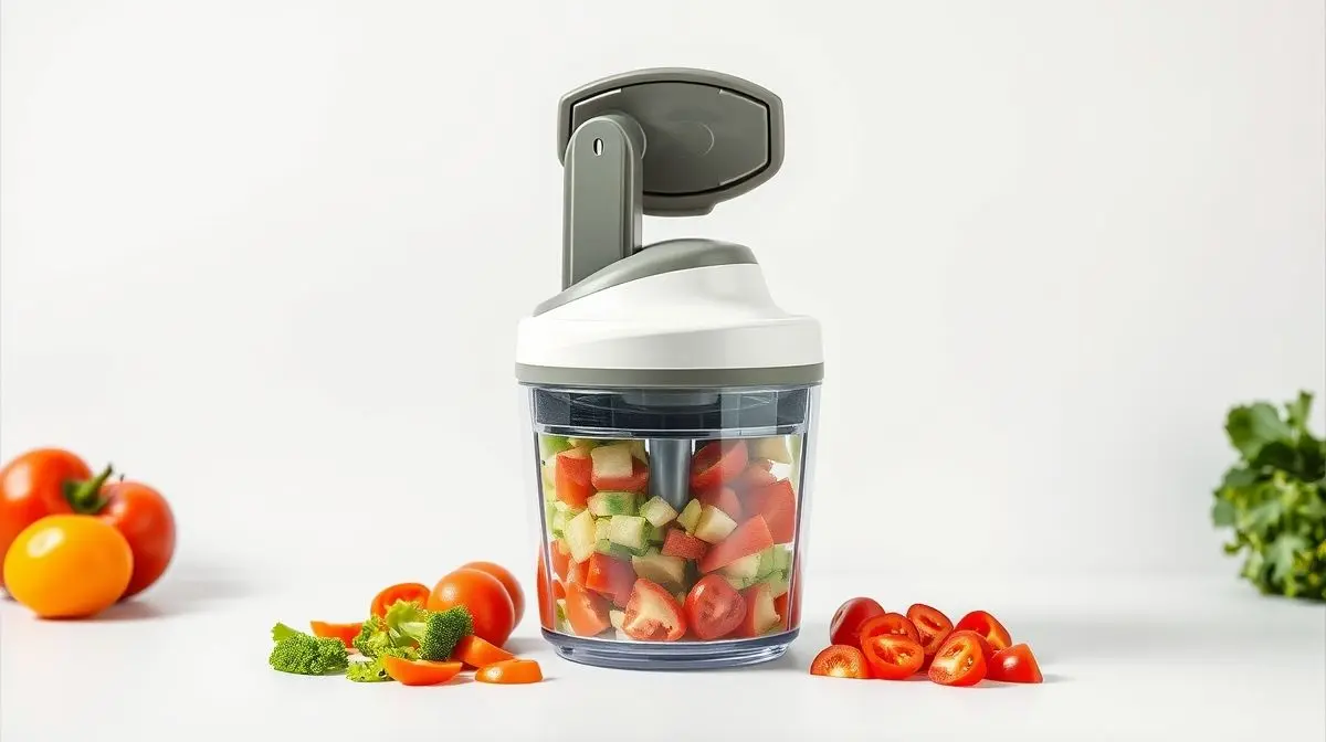 Fotografia profissional de um cortador de legumes multifuncional e moderno, representando os melhores modelos para otimizar a cozinha.