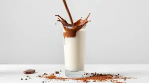 Achocolatado em pó de alta qualidade sendo misturado em um copo de leite, representando a seleção dos melhores achocolatados para comprar.