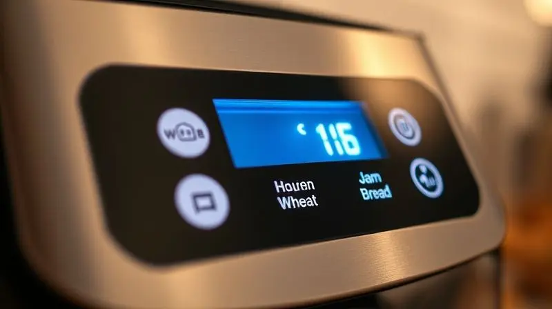 Painel de controle digital de uma panificadora moderna, mostrando vários ícones iluminados de programas de pão, como integral e sem glúten.