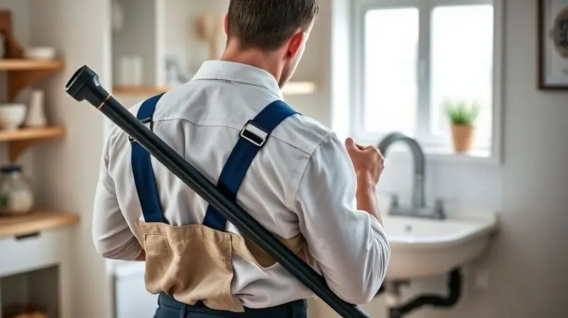 Encanador profissional uniformizado, de costas, segurando uma ferramenta de desentupimento profissional enquanto analisa um encanamento complexo, indicando o momento de chamar ajuda.