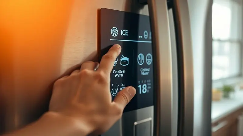 Close de uma mão ajustando a temperatura em um painel digital touch screen de uma geladeira French Door, mostrando ícones modernos.