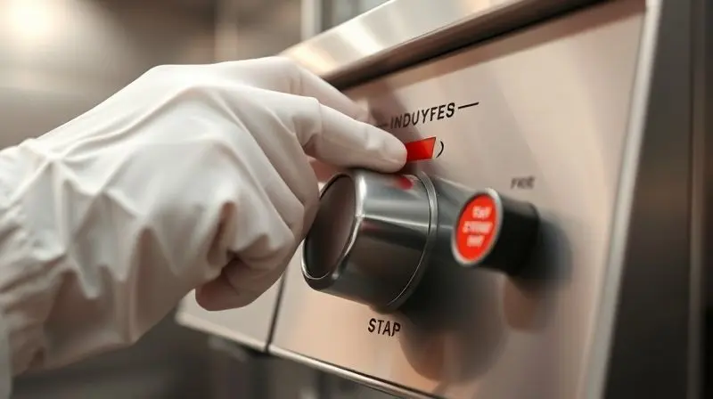 Mão com luva de proteção ajustando o termostato de uma fritadeira industrial, com foco no botão de segurança vermelho.