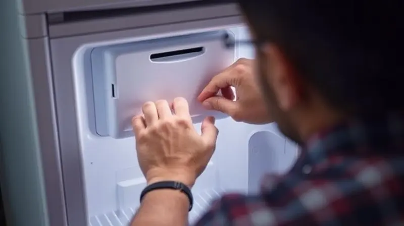 Pessoa verificando a borracha de vedação da porta de uma geladeira para garantir o isolamento e reduzir o consumo de energia.