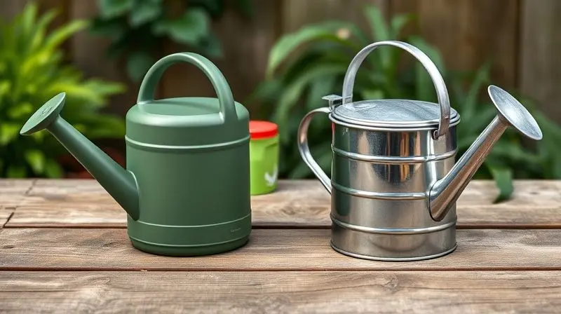 Comparativo visual entre um regador de plástico verde e um regador de metal galvanizado, para ajudar na escolha do material ideal.