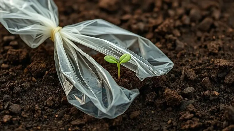 Imagem conceitual de um saco de lixo biodegradável se decompondo no solo, com raízes de plantas crescendo através dele, ilustrando o processo.