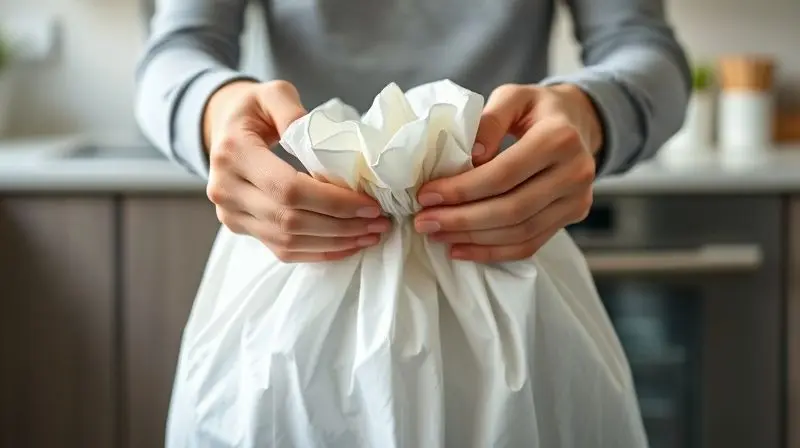 Pessoa fechando um saco de lixo branco com alças práticas, demonstrando a facilidade de uso do recurso adicional em uma cozinha moderna.