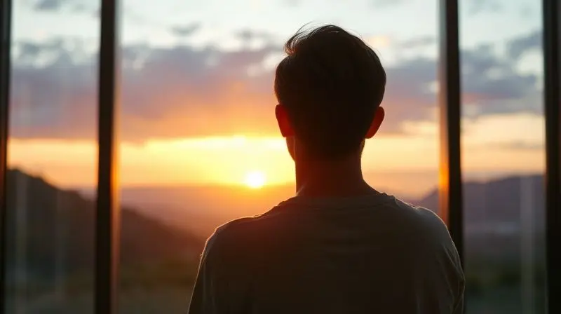Pessoa vista de costas, apreciando uma paisagem ao pôr do sol através de uma janela grande e perfeitamente limpa, transmitindo uma sensação de satisfação.