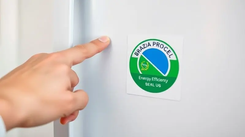 Close-up da mão de uma pessoa apontando para o Selo Procel A de eficiência energética na porta de uma geladeira pequena.