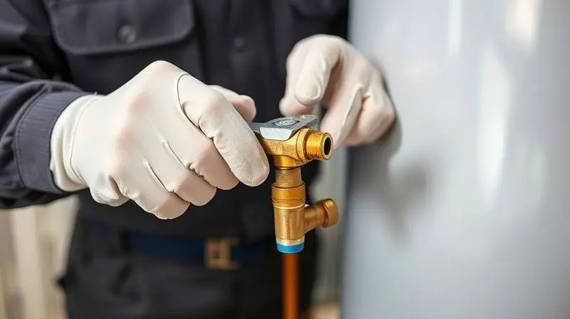 Shallow depth-of-field photo focusing on the hands of a uniformed technician wearing clean gloves, the technician is using a 