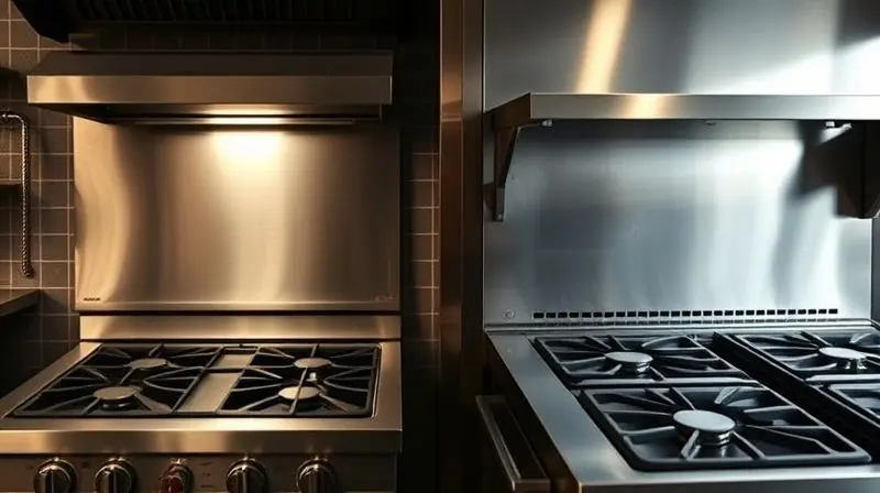 Comparativo visual entre um fogão doméstico, menor e branco, e um robusto fogão industrial de aço inox em uma cozinha profissional.