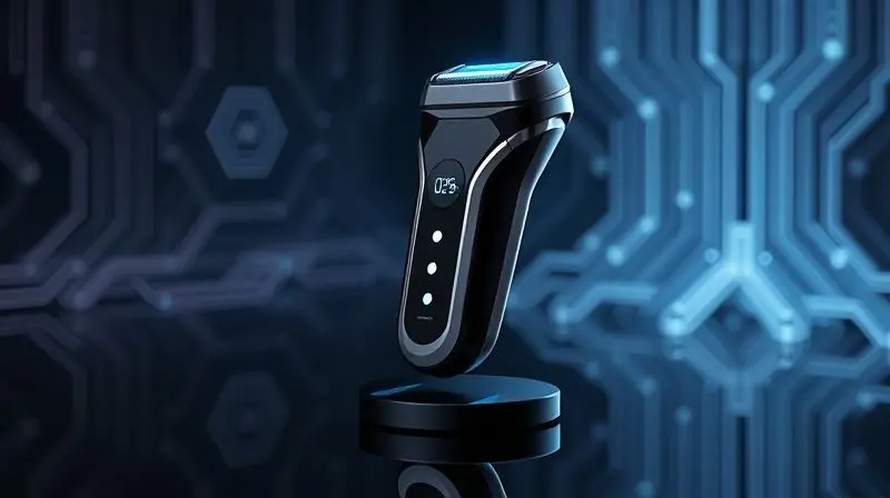 Sleek, futuristic product shot of a conceptual electric shaver levitating slightly above a polished surface, featuring hologr