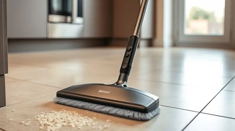 Vassoura elétrica moderna em ação, limpando eficientemente o piso de uma cozinha com um efeito de movimento.