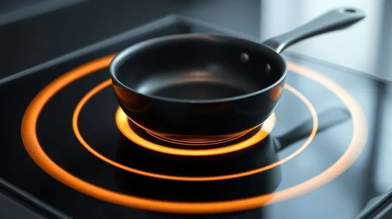 Panela escura sobre um fogão de indução moderno, com as marcações circulares do cooktop acesas e brilhantes.