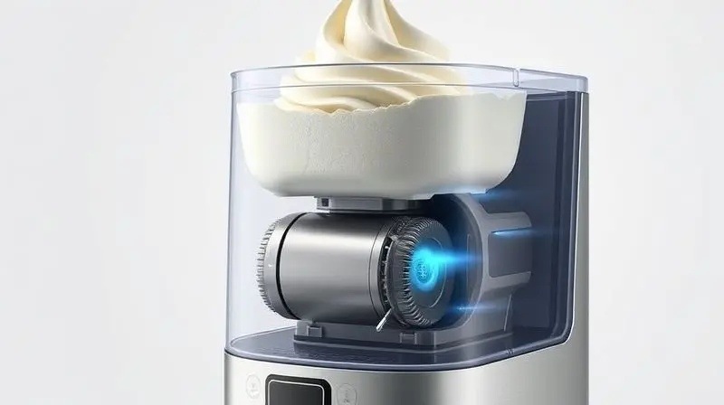 Visão em corte de uma sorveteira com compressor, mostrando o sistema de refrigeração interno em funcionamento enquanto o sorvete é preparado.