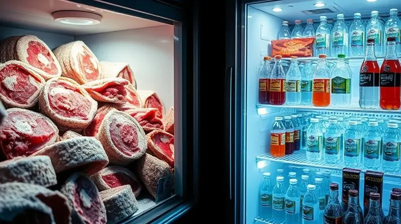 Comparativo visual entre um freezer com alimentos congelados e um conservador com bebidas geladas.