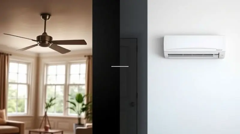 Imagem dividida mostrando um ventilador de teto em um ambiente arejado versus um ar condicionado em um ambiente fechado.