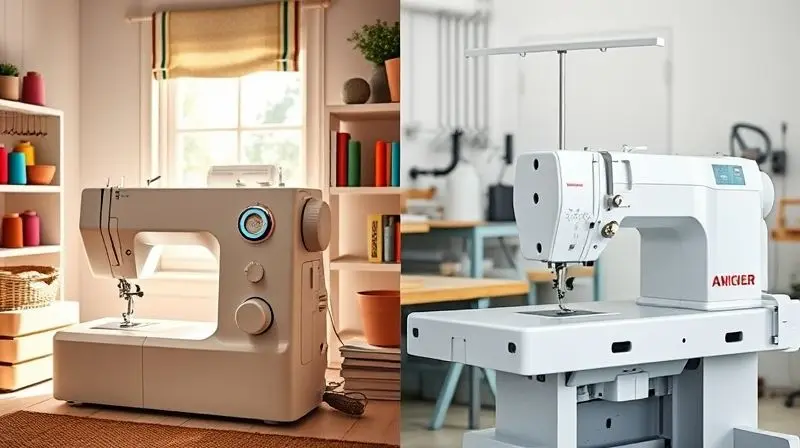 Comparativo: máquina de costura doméstica em um ambiente caseiro e máquina industrial em um ateliê profissional.