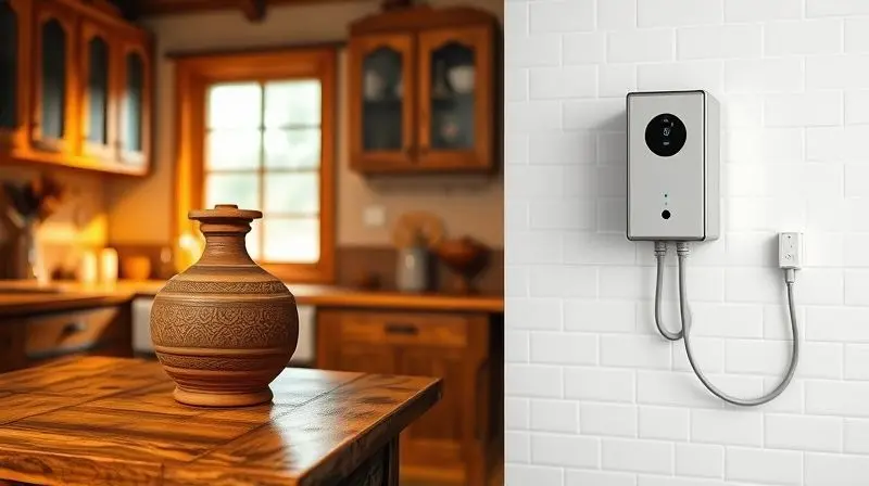 Imagem dividida comparando um filtro de barro tradicional em uma cozinha rústica e um purificador de água elétrico em uma cozinha moderna.