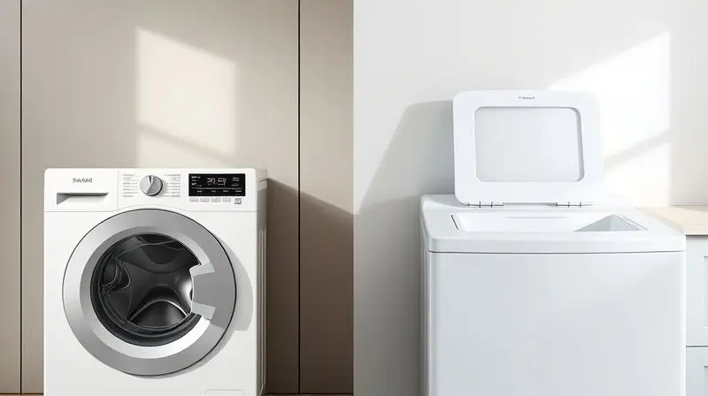 Comparativo visual entre uma máquina de lavar com porta frontal (front load) e uma com tampa superior (top load) em uma lavanderia.