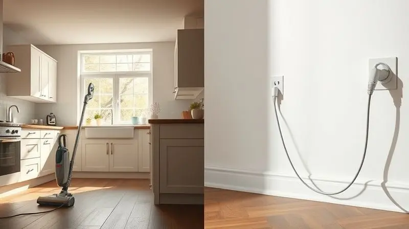 Split-screen style cinematic photo: on the left, a cordless vacuum cleaner is being used freely in a bright, open-plan kitche