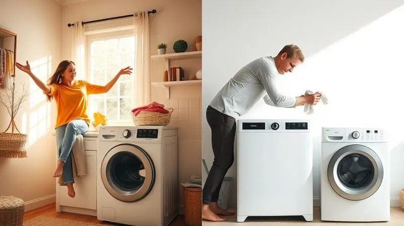 Comparativo visual mostrando uma pessoa usando uma máquina de lavar Top Load e outra usando uma Front Load, lado a lado.