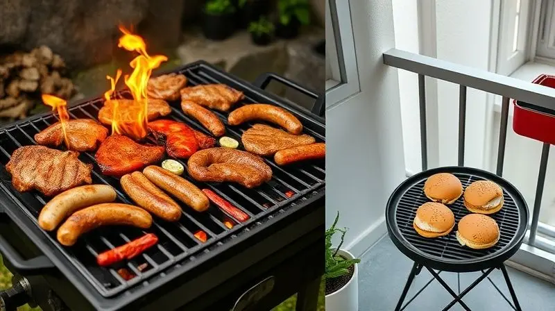 Comparativo mostrando uma churrasqueira grande para festas e uma churrasqueira pequena para varanda.