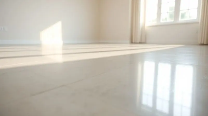 Visão de um piso impecavelmente limpo e brilhante, refletindo a luz da janela, simbolizando o resultado final de uma limpeza perfeita.