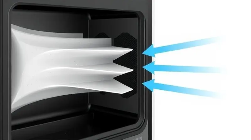 Animação 3D do interior de um purificador de ar, mostrando o processo de filtragem de partículas e a saída de ar limpo.