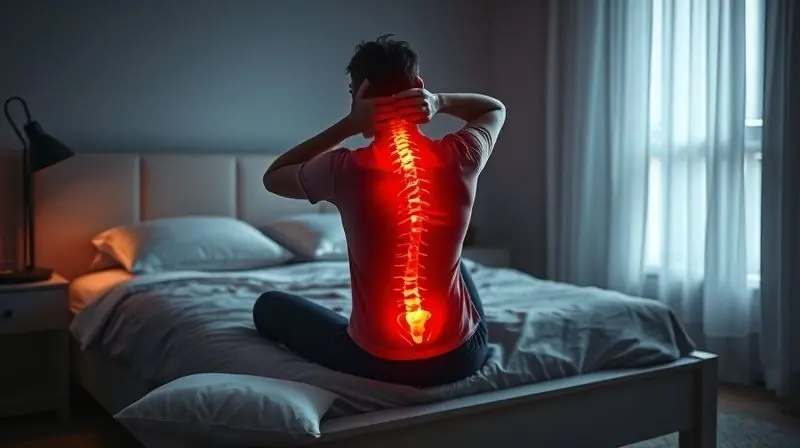 Symbolic photo of a person sitting on the edge of a bed in a dimly lit room, holding their neck in discomfort. An anatomicall