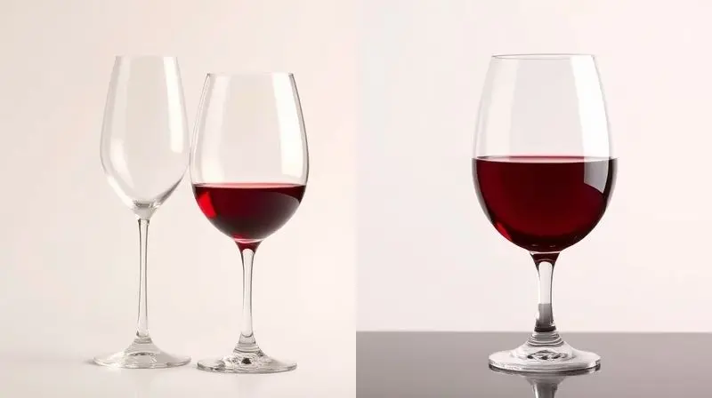 Comparativo visual entre uma taça de cristal fina e uma de vidro, ambas com vinho tinto, destacando a clareza do cristal.