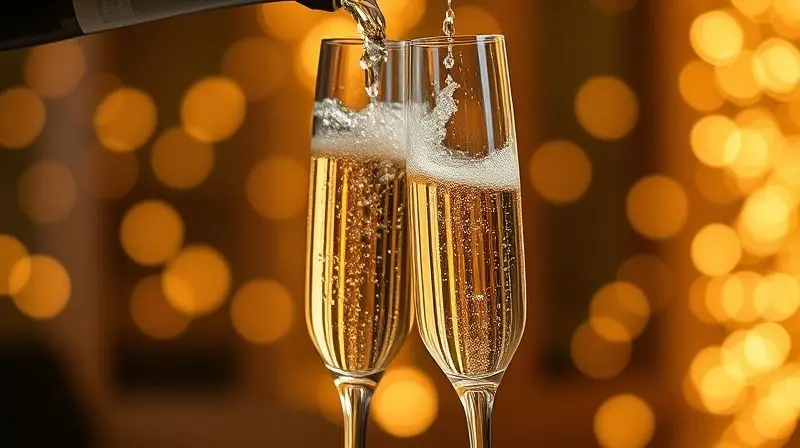Duas taças de espumante do tipo flute sendo servidas com um vinho borbulhante em um ambiente de celebração com luzes suaves.