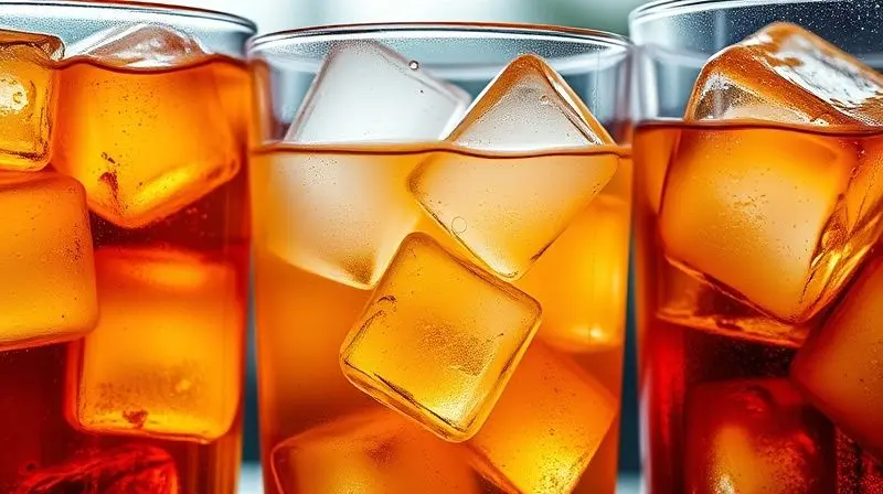 Três copos com bebidas geladas exibindo diferentes formatos de cubos de gelo, como quadrados, cilíndricos e em pepitas.