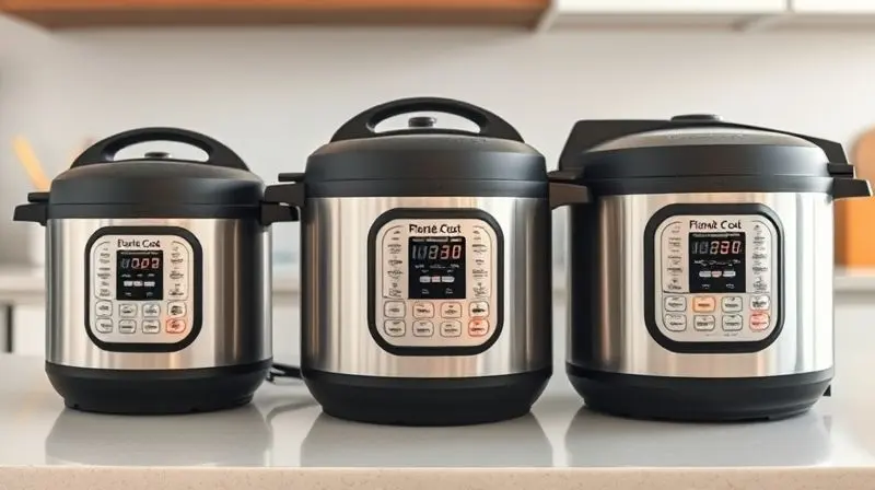 Três panelas de pressão elétricas de tamanhos diferentes, uma pequena, uma média e uma grande, lado a lado em uma bancada.