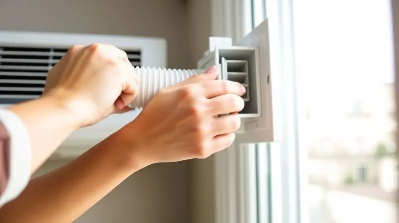 Close-up de mãos conectando facilmente o duto de um ar-condicionado portátil em um adaptador de janela.