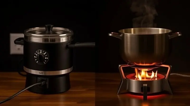 Comparativo entre um aparelho de fondue elétrico moderno à esquerda e um aparelho tradicional com espiriteira e chama à direita.