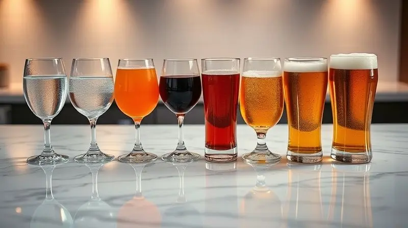 Vários copos diferentes alinhados em uma bancada, cada um com uma bebida apropriada como água, suco e vinho.