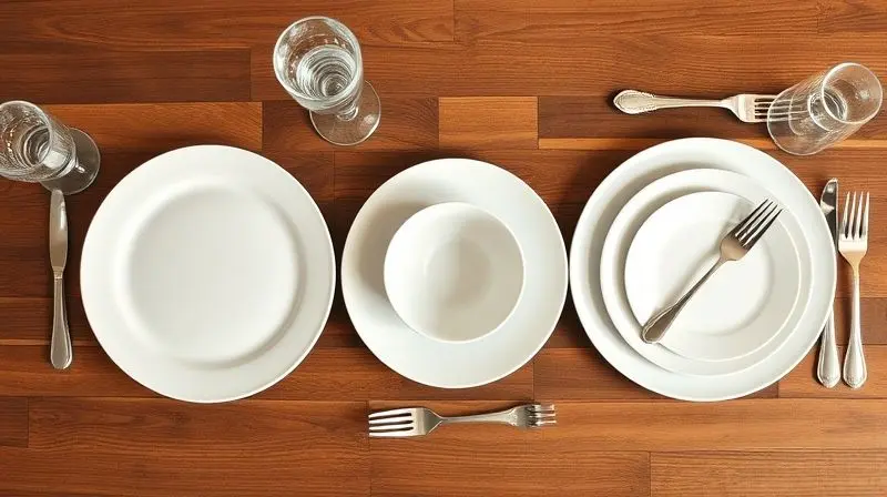 Três arrumações de mesa lado a lado, mostrando um aparelho de jantar básico, um completo e um de luxo para ilustrar os diferentes tipos.