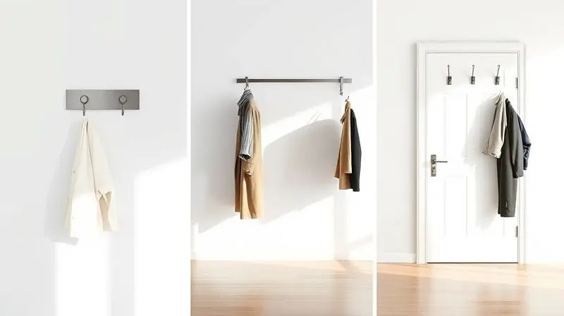 Comparativo visual mostrando os três tipos de cabideiro: um modelo de parede, um de chão e um de porta, lado a lado.