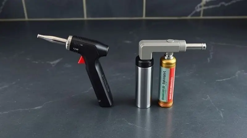 Dois modelos de maçaricos culinários lado a lado: um modelo recarregável e um modelo de encaixe para cartucho de gás.