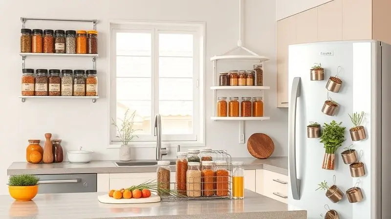 Comparativo visual dos principais tipos de porta-temperos: um modelo de parede, um giratório de mesa, e potes magnéticos.