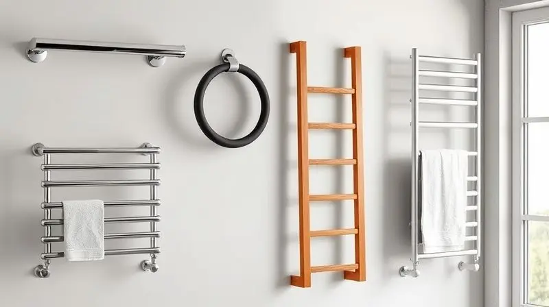 Diversos tipos de toalheiros, incluindo modelos de bastão, argola e térmico, instalados em uma parede para comparação de estilos.