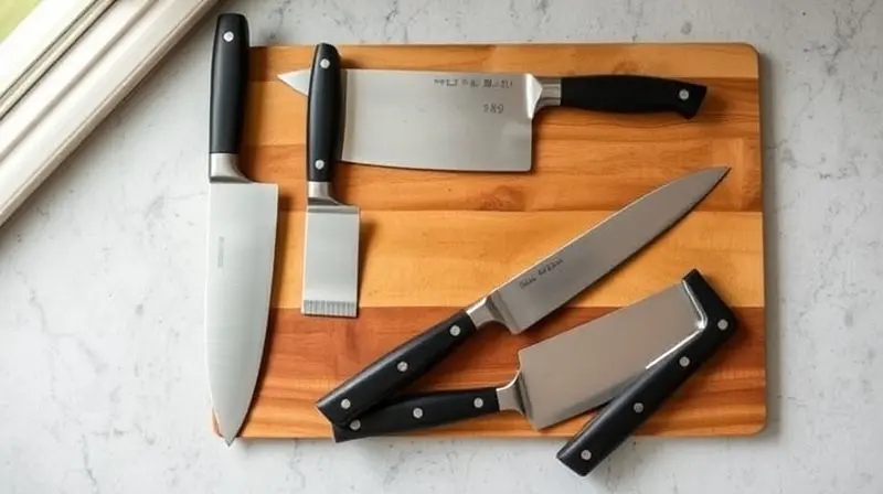 Composição de vários tipos de facas para churrasco, incluindo faca do chef, santoku e de desossar, organizadas sobre uma tábua de madeira rústica.