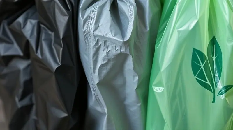 Detalhe de três tipos de material de saco de lixo lado a lado: um comum, um reforçado e um biodegradável de cor verde.