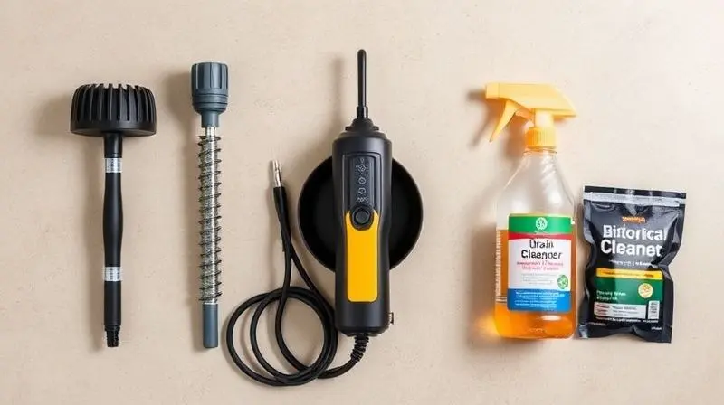 Composição visual mostrando os três tipos de desentupidores: um manual, um elétrico e um frasco de produto químico, organizados sobre uma superfície neutra.