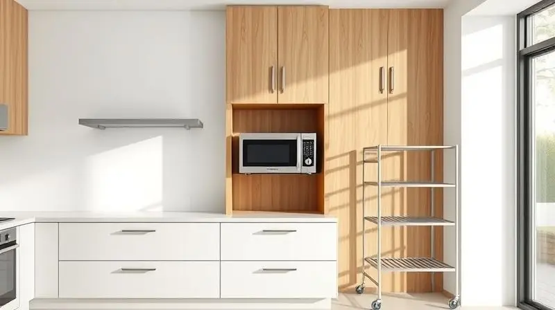 Comparativo visual de três tipos de suporte para micro-ondas: suspenso de metal, nicho de madeira embutido e um móvel com prateleiras em uma cozinha moderna.