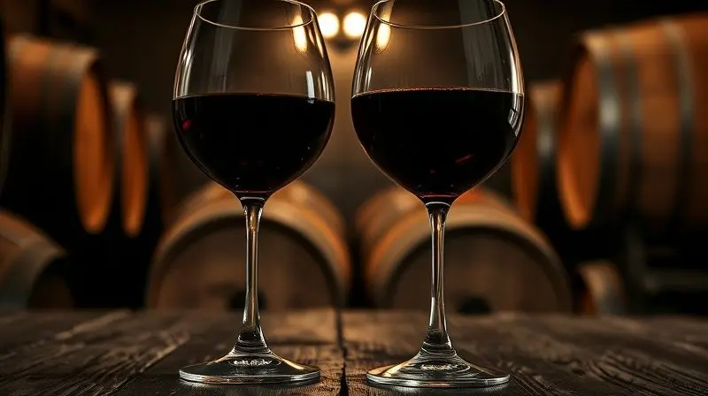 Duas taças de vinho tinto, uma do tipo Bordeaux e outra Borgonha, lado a lado em uma adega com barris de carvalho ao fundo.