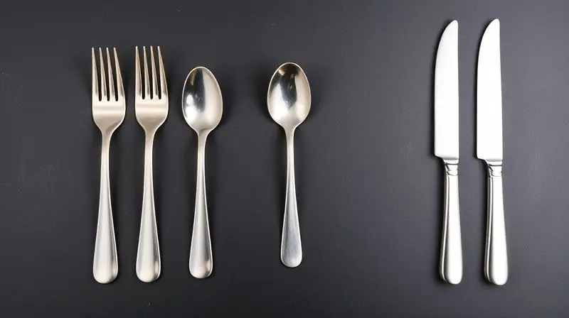 Vista superior de diferentes tipos de talheres alinhados, incluindo garfo de jantar, de sobremesa, colher de sopa e faca de carne.